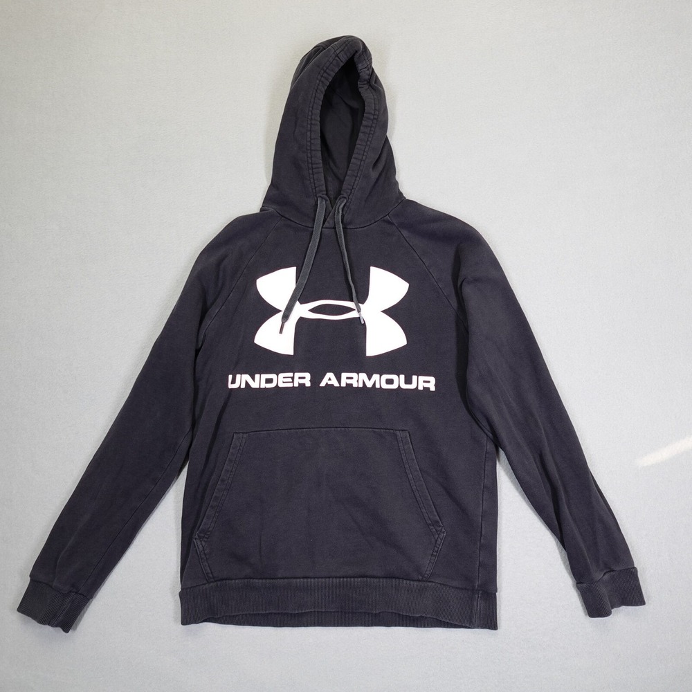 Under Armour Hoodie Mens Small Black Big Logo Fleece Pullover Active Gym